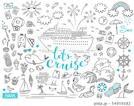 Graphic set of elements. Journey on a cruise ship. Package tour. Vector illustration on the theme of 54959382