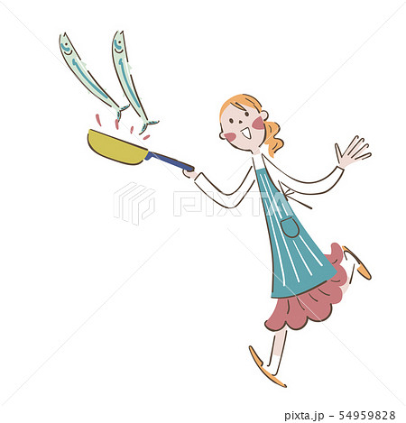 秋の味覚　サンマを焼く女性　イラスト 54959828