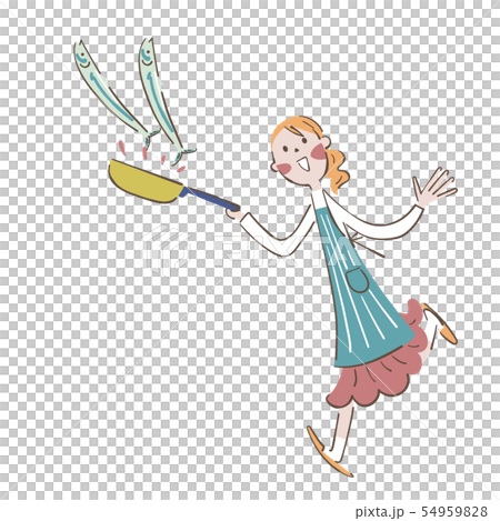 秋の味覚　サンマを焼く女性　イラスト 54959828