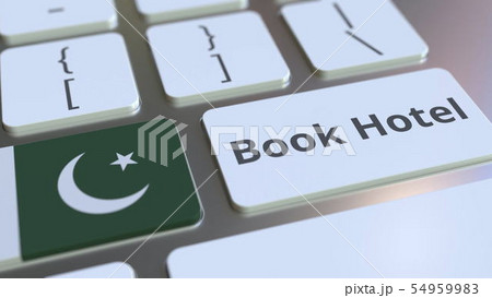 BOOK HOTEL text and flag of Pakistan on the buttons on the computer keyboard. Travel related BOOK HOTEL text and flag of Pakistan on the buttons on the computer keyboard. Travel related 54959983