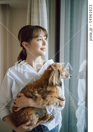 犬のいる暮らし 女性の写真素材