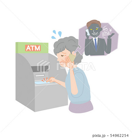 ATMで詐欺電話の指示を聞くシニア女性 54962254