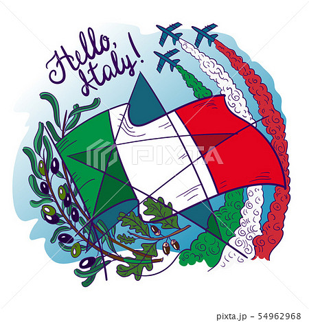 Symbols of Italy- Frecce tricolori tricolour arrows in the sky, olive branch, oak, flag and star 54962968
