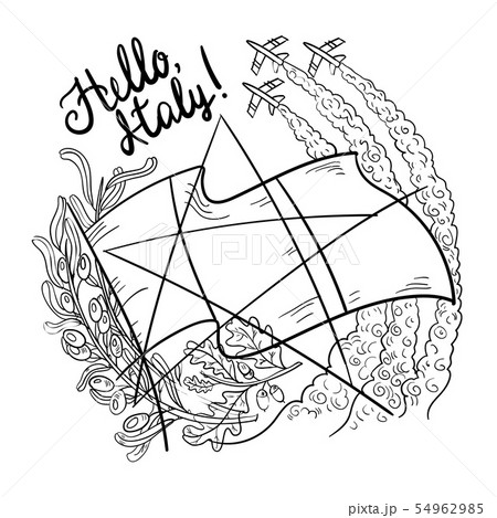 Symbols of Italy- Frecce tricolori tricolour arrows in the sky, olive branch, oak, flag and star 54962985