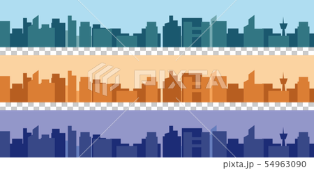 イラス素材 ビルがある都会の街並みラインセット 昼夕晩のイラスト素材