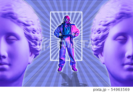 Collage of contemporary art with survivor man in a protective diving suit and ancient statue Venus 54963569