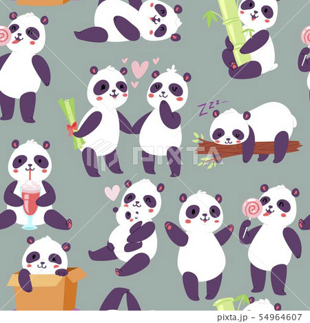 Panda characters in different positions seamless pattern vector illustration. Chinese bear happy 54964607
