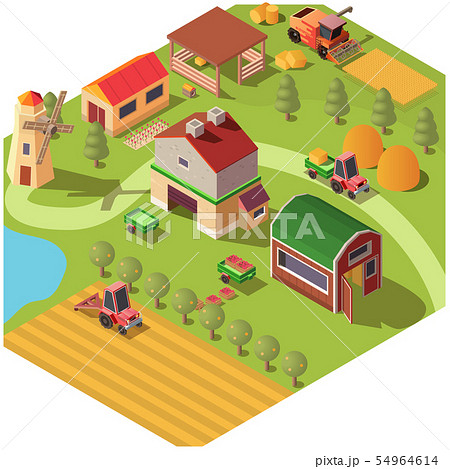 Isometric farm or ranch yard with outbuildings 54964614