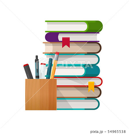 School books stack with pens and pencils glass flat cartoon vector illustration isolated on white 54965538