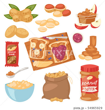 Peanut groundnut butter or peanut paste on toast bread illustration set of nutritious nut cream or 54965929
