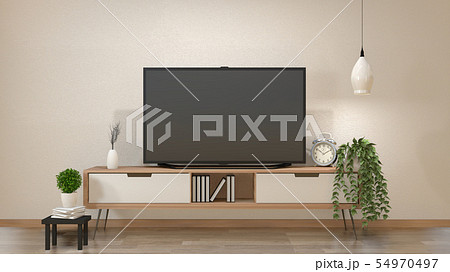 TV on cabinet in zen living room 54970497