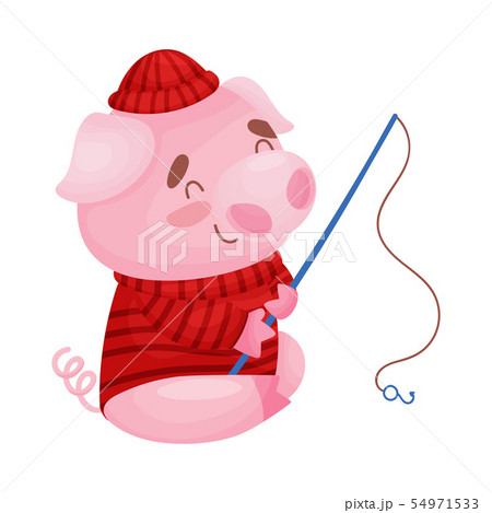 Cute pig fisherman. Vector illustration on white background. 54971533