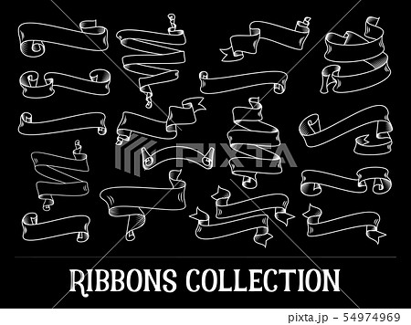 White ribbons set on the black, hand drawn vector scroll ribbon in outline or contour drawing 54974969