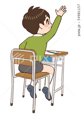 教室 机 椅子 手を挙げる子供のイラスト素材