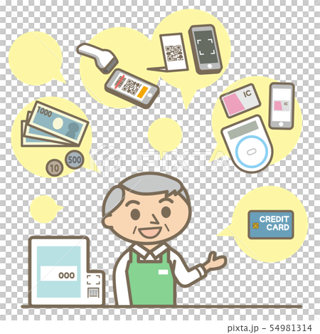 Senior male clerk corresponding to different payment types 54981314