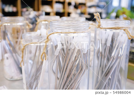 Reusable stainless straw for drink in glass of jar 54986004