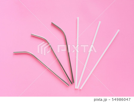 Flat lay of reusable stainless steel straw with 54986047