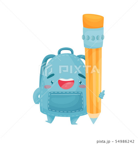 Cute blue schoolbag with a pencil. Vector illustration on white background. 54986242