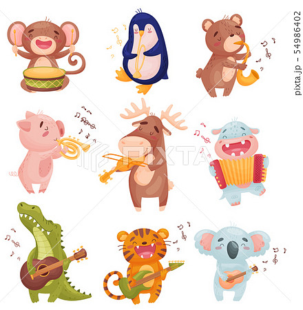 Humanized animals with musical instruments. Vector illustration on white background. 54986402