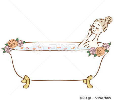 バラの花びらを浮かべたお風呂に入る女性のイラスト素材