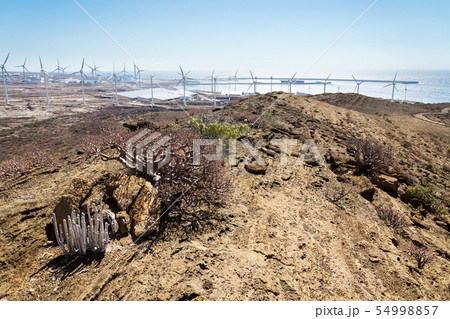 White turbines at wind farm with power station White turbines at wind farm with power station 54998857
