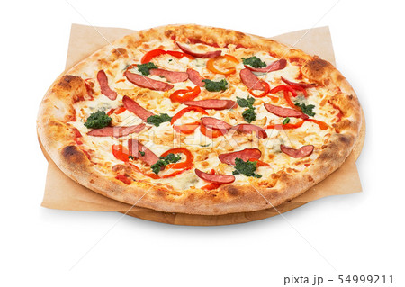Pizza menu. Delicious hot pizza Mario with chicken, sausage and cheese. Delicious traditional Pizza menu. Delicious hot pizza Mario with chicken, sausage and cheese. Delicious traditional 54999211