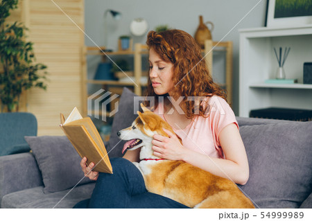 Pretty woman reading book smiling stroking shiba inu puppy on sofa at home Pretty woman reading book smiling stroking shiba inu puppy on sofa at home 54999989