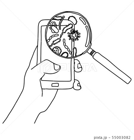 hand holding mobile phone with germs  55003082