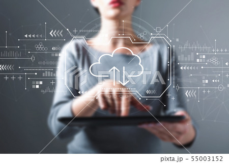 Cloud computing with woman using a tablet Cloud computing with woman using a tablet 55003152