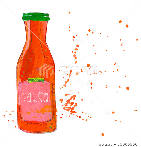 Salsa sauce bottle with splashes. Watercolor 55006506