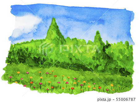 花咲く草原と背景の森のイラスト素材