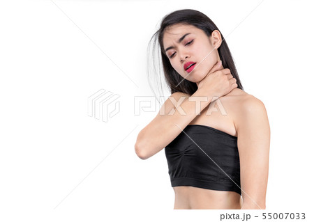 Asian girl is showing neck pain on white Asian girl is showing neck pain on white 55007033