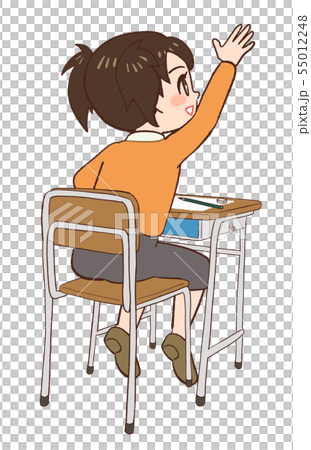 教室 机 椅子　手を挙げる子供 55012248
