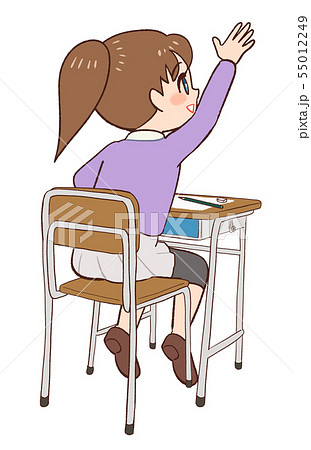 教室 机 椅子 手を挙げる子供のイラスト素材