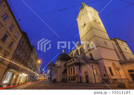 Low angle view of Latin Cathedral at night in Lviv, Ukraine Low angle view of Latin Cathedral at night in Lviv, Ukraine 55013185