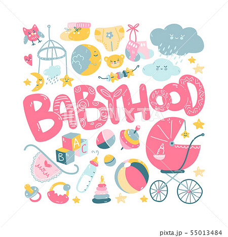 Newborn infant themed cute doodle set. Baby care, feeding, clothing, toys, health care stuff, safety 55013484