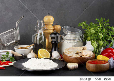 Raw ingredients including vegetables and flour Raw ingredients including vegetables and flour 55013956