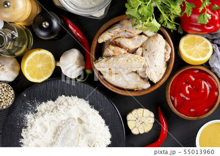 Raw ingredients including vegetables and flour Raw ingredients including vegetables and flour 55013960