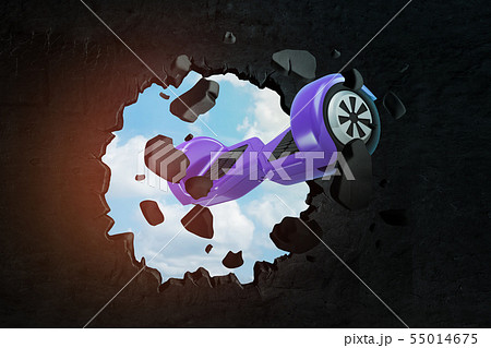 3d rendering of violet hoverboard breaking black wall 55014675
