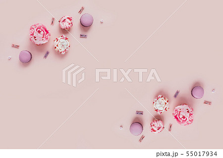 Greeting card with peonies and macaroons. 55017934