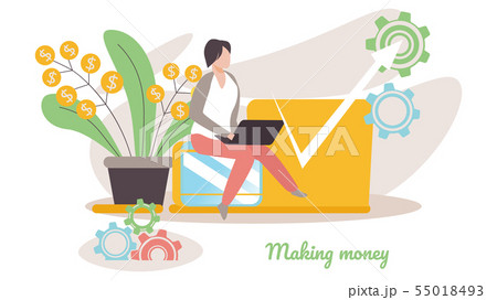 Business Man Sitting near Money Plant with Arrow Business Man Sitting near Money Plant with Arrow 55018493