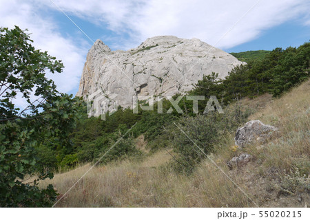 A stone rock with a spike on the top is clothed on A stone rock with a spike on the top is clothed on 55020215