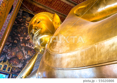 Giant golden reclining Buddha statue in Wat Pho 55020866