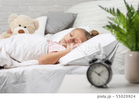 Cute little child girl sleeping with teddy bear Cute little child girl sleeping with teddy bear 55020924