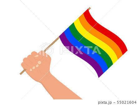 Hand holding and raising rainbow colored lgbt flag 55021604