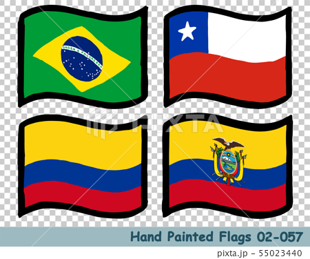 手描きの旗アイコン ブラジルの国旗 チリの国旗 コロンビアの国旗 エクアドルの国旗のイラスト素材
