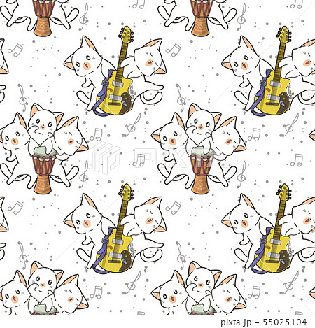 Seamless Kawaii Cat Characters With A Drum And Guiのイラスト素材