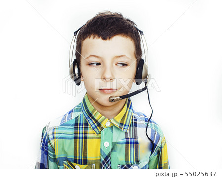 little cute caucasian boy in headphones posing happy smiling isolated on white background, lifestyle 55025637