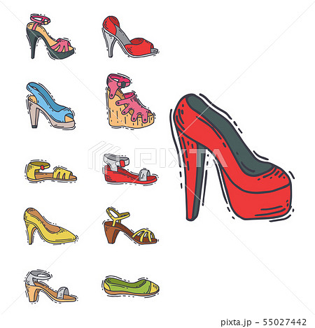 Set of womens shoes flat design vector hand drawn style of leather colored moccasins heel shoe Set of womens shoes flat design vector hand drawn style of leather colored moccasins heel shoe 55027442