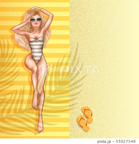 Young beautiful blonde woman relaxing by the sea Young beautiful blonde woman relaxing by the sea 55027549